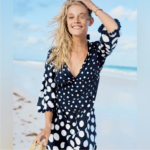 BODEN esmeralda beach kaftan pom pom navy white polka dot size 16 - Picture 1 of 10